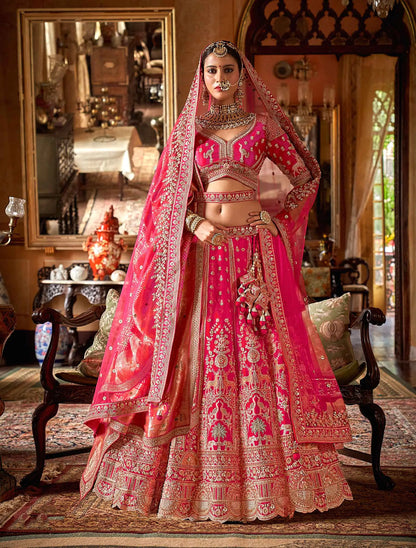 Pink Heavy Embroidery & Pearl Work Bridal Lehenga With