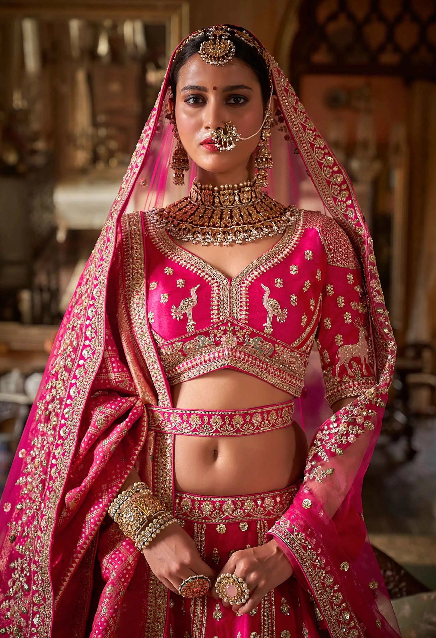 Pink Heavy Embroidery & Pearl Work Bridal Lehenga With
