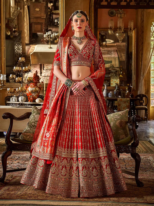 Bridal Red Lehenga With Heavy Embroidery & Pearl Work