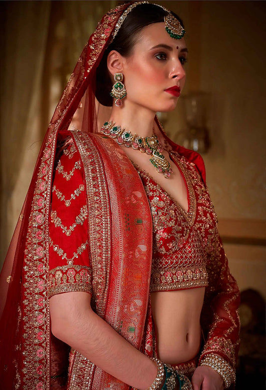 Bridal Red Lehenga With Heavy Embroidery & Pearl Work