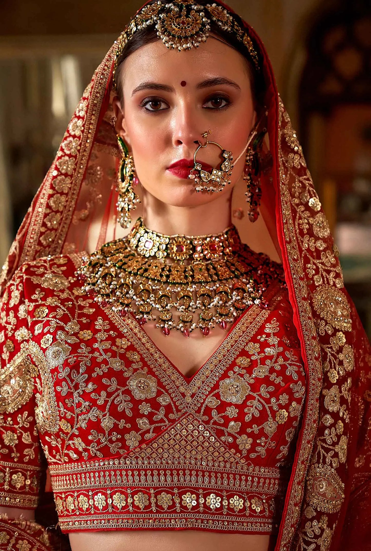 Bridal Red Heavy Embroidery & Pearl Work Lehenga
