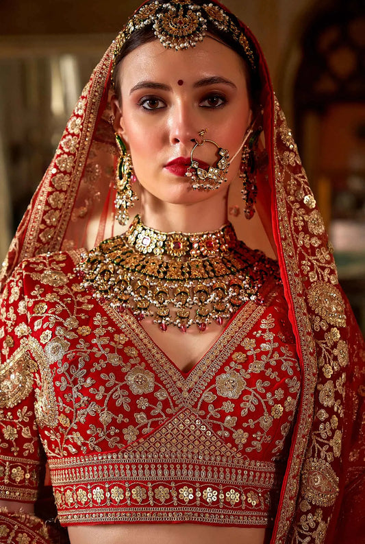Bridal Red Heavy Embroidery & Pearl Work Lehenga