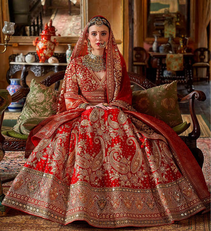Bridal Red Heavy Embroidery & Pearl Work Lehenga