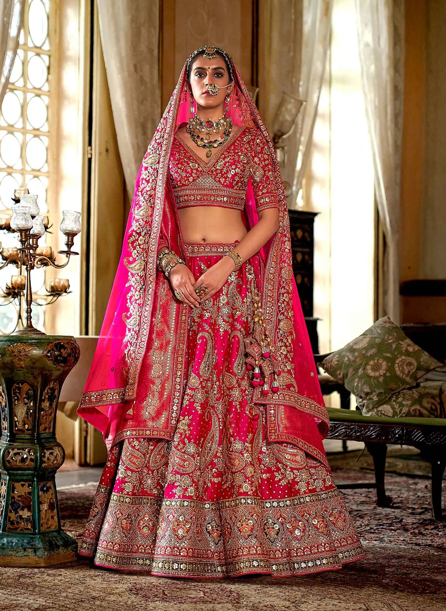 Bridal Pink Heavy Embroidery & Pearl Work Lehenga