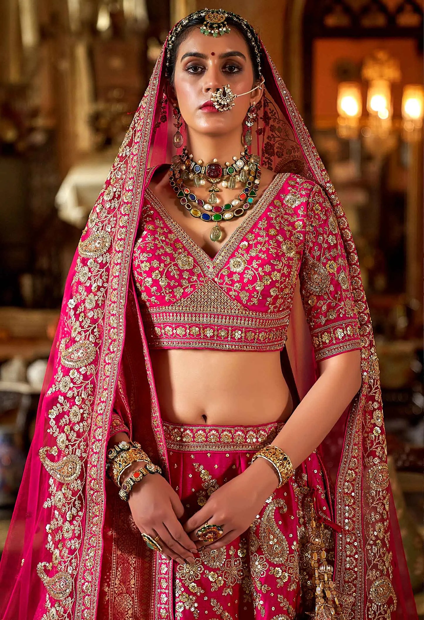 Bridal Pink Heavy Embroidery & Pearl Work Lehenga