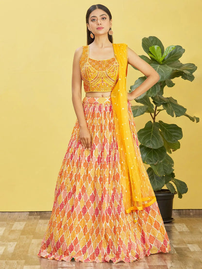 Yellow Lehenga With Digital Print And Thread Zari Sequins Embroidery Real Mirror Work