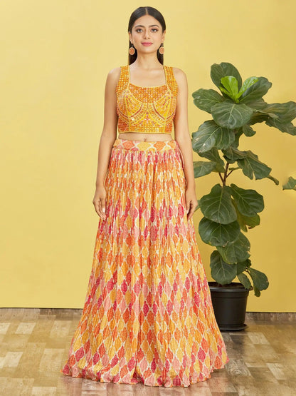 Yellow Lehenga With Digital Print And Thread Zari Sequins Embroidery Real Mirror Work