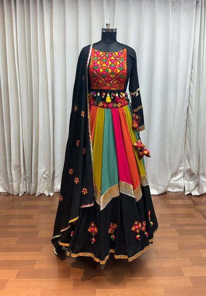 Black With Multi Color Thread Mirror Work Lehenga Choli For Navratri