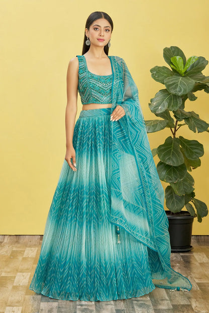 Deep Sea Green Lehenga With Digital Print And Sequins Embroidery With Real Mirror Work
