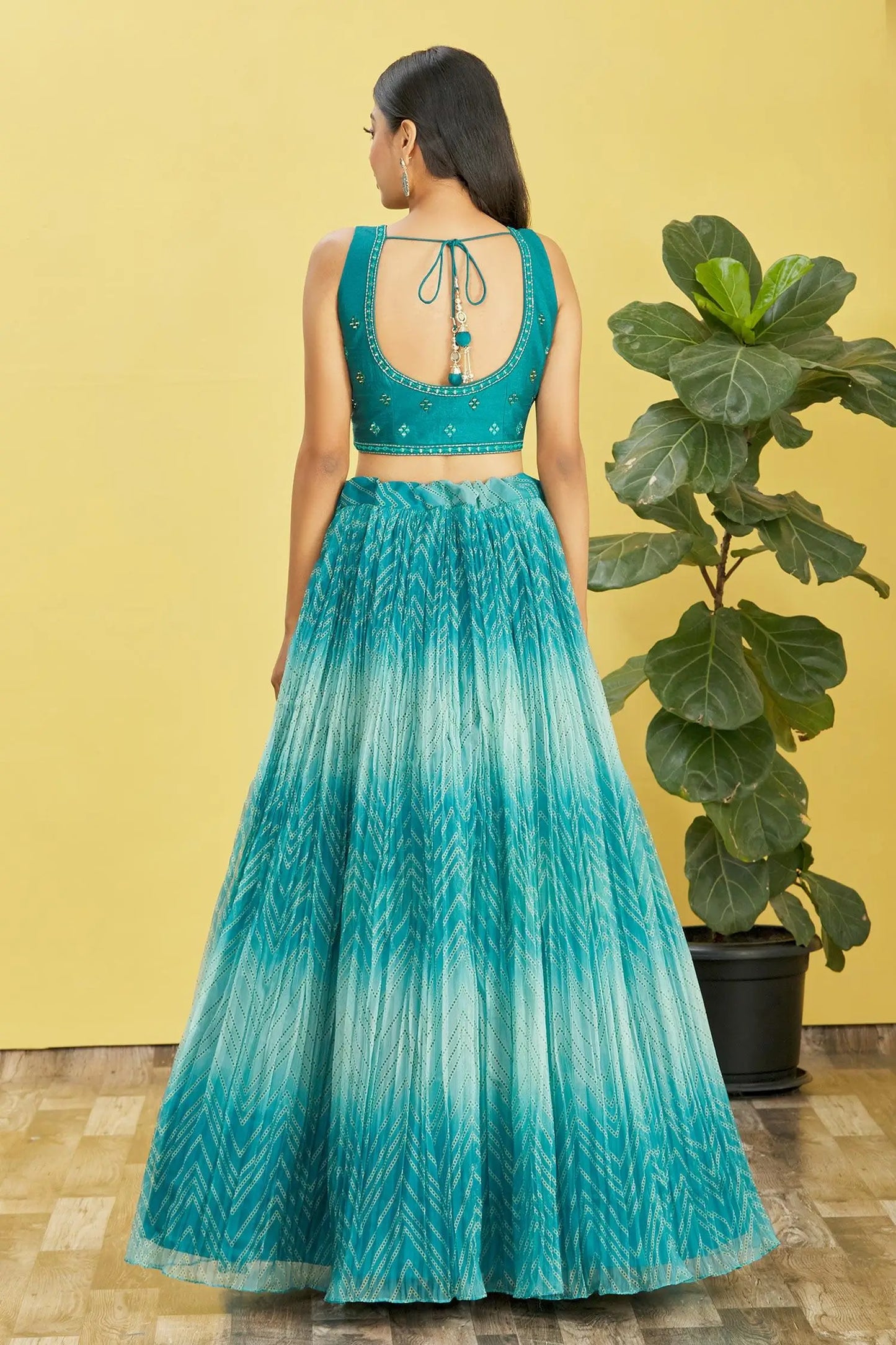 Deep Sea Green Lehenga With Digital Print And Sequins Embroidery With Real Mirror Work