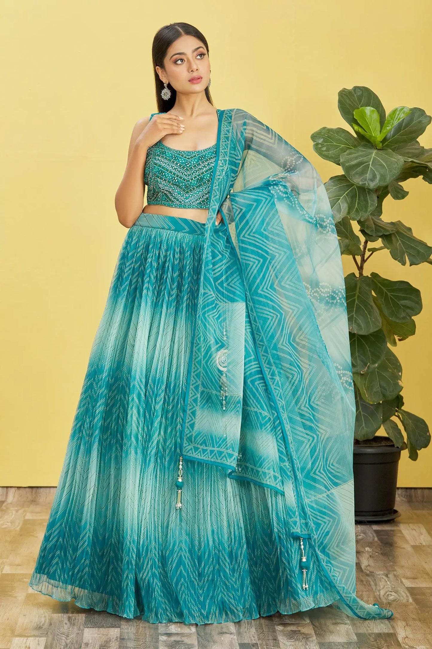 Deep Sea Green Lehenga With Digital Print And Sequins Embroidery With Real Mirror Work