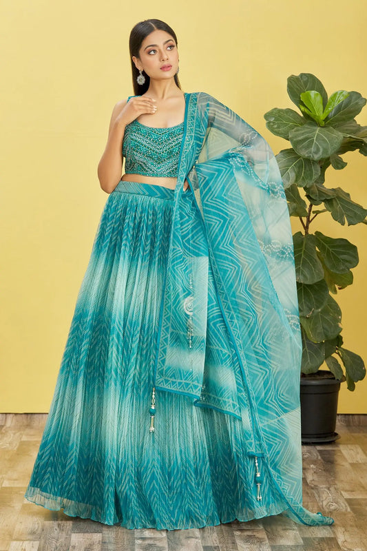 Deep Sea Green Lehenga With Digital Print And Sequins Embroidery With Real Mirror Work