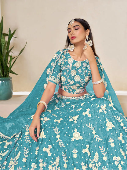 Sea Blue Gold Crush Embroidery Lehenga Choli