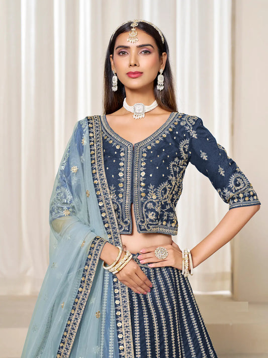 Navy Blue Art Silk Thread & Sequins Embroidery Lehenga Choli