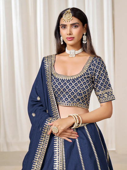 Navy Blue Art Silk Embroidery Work Lehenga Choli
