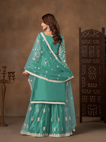 Dusty Teal Net Embroidery Palazzo Suit