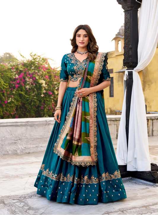 Teal Blue Vichitra Silk Embroidery Lehenga Choli