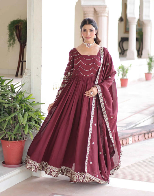 Maroon Sequins Embroidery Work Silk Gown