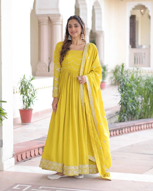 Yellow Sequins Embroidery Work Silk Gown