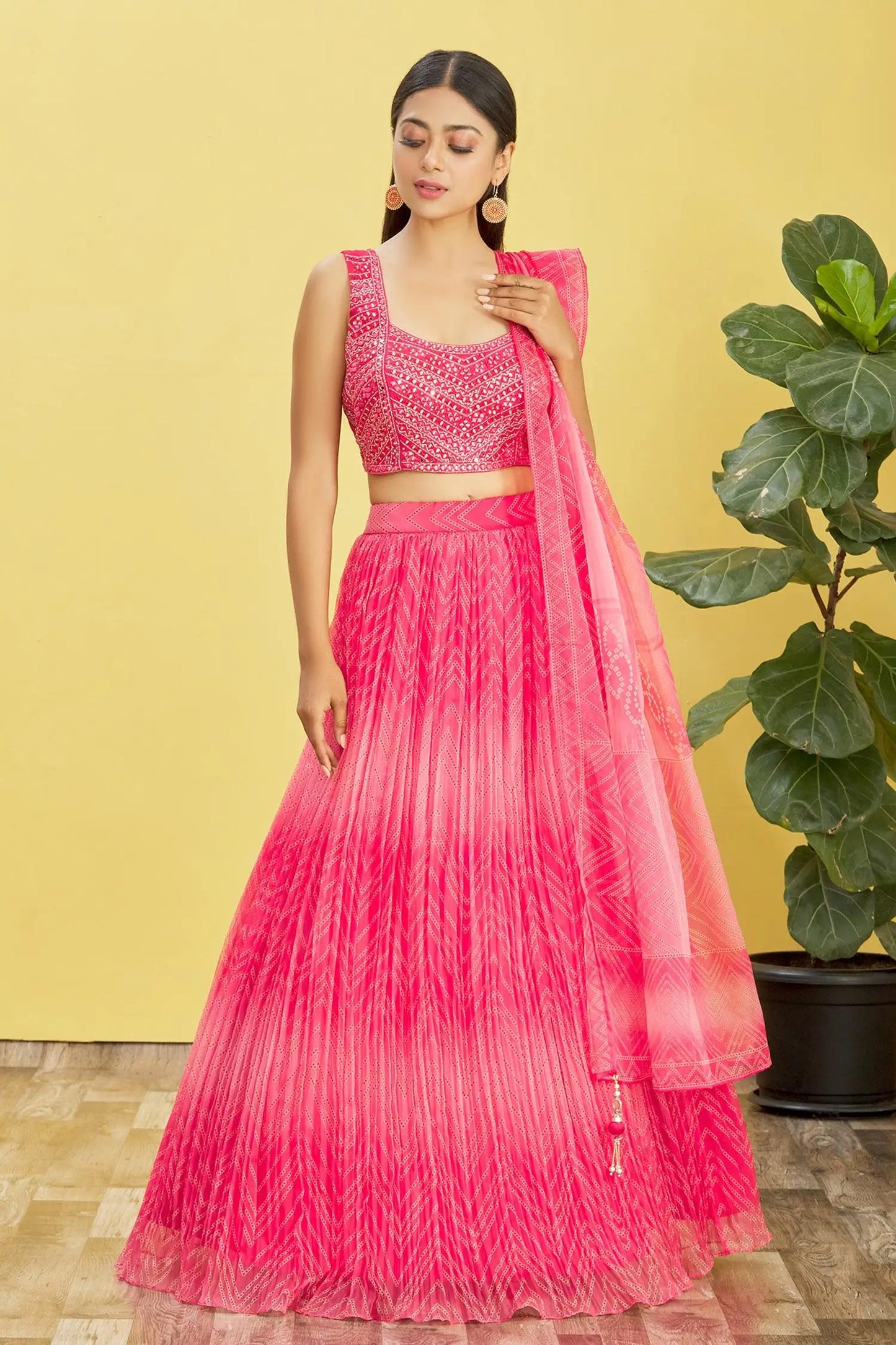 Red Pink Lehenga With Digital Print And Sequins Embroidery With Real Mirror Work