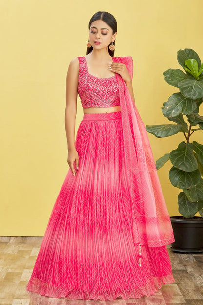Red Pink Lehenga With Digital Print And Sequins Embroidery With Real Mirror Work