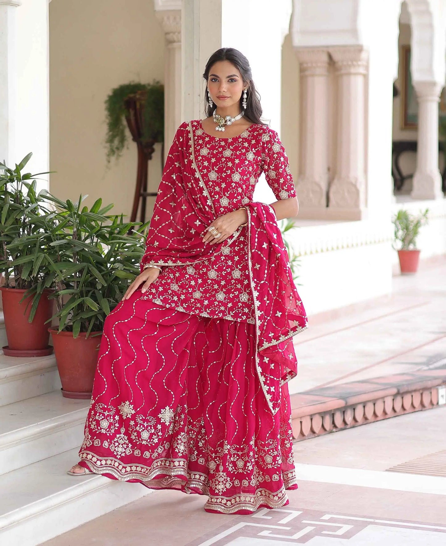Redish Pink Georgette Embroidery Sharara Suit