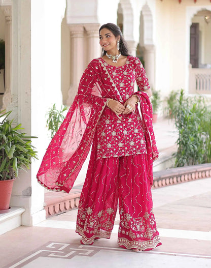Redish Pink Georgette Embroidery Sharara Suit