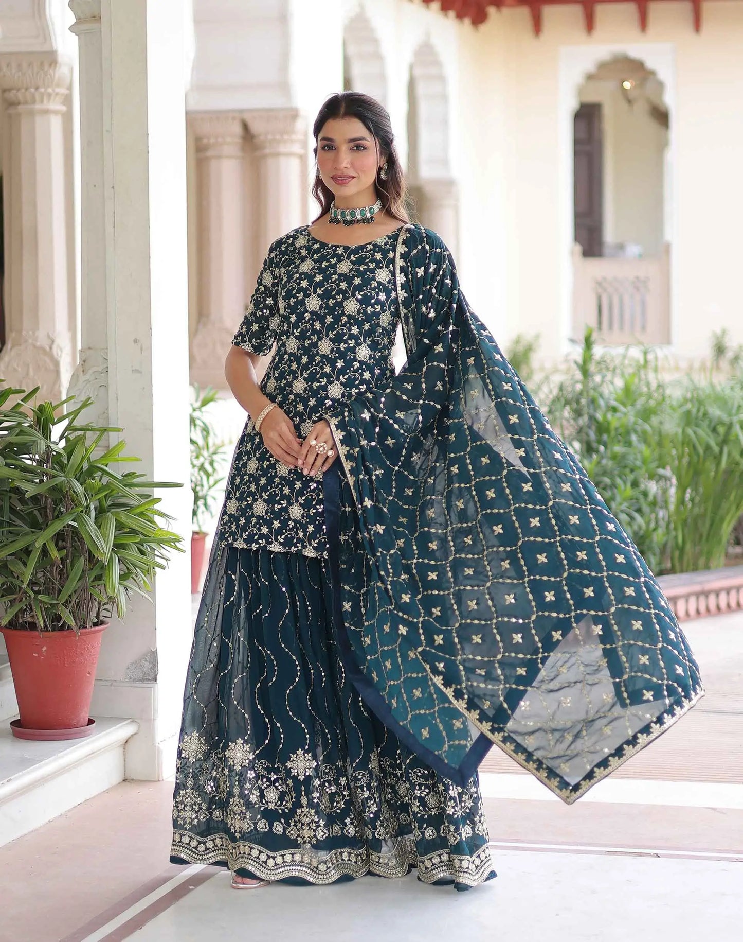 Dark Teal Georgette Embroidery Sharara Suit