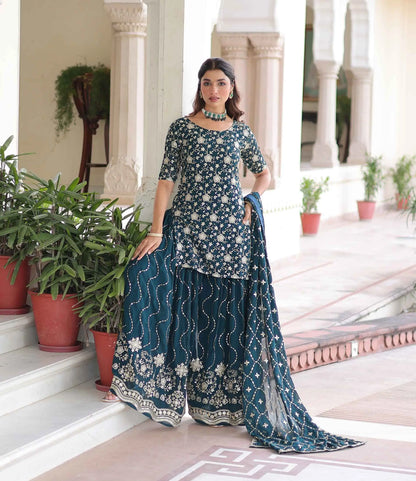 Dark Teal Georgette Embroidery Sharara Suit