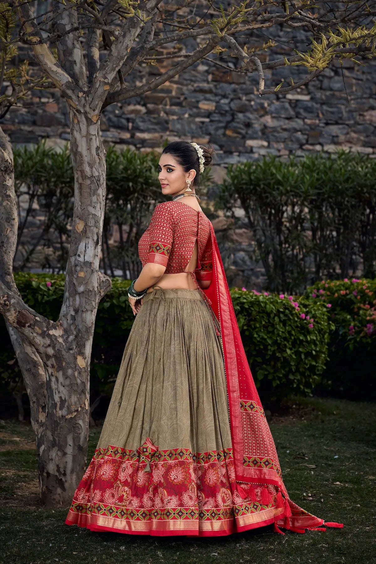 Olive Green Tussar Silk Floral Printed Lehenga Choli