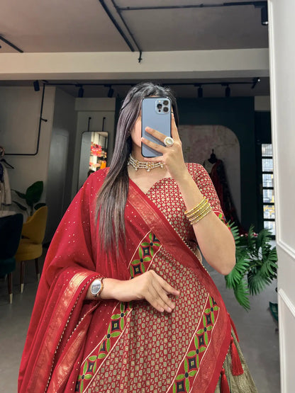 Olive Green Tussar Silk Floral Printed Lehenga Choli