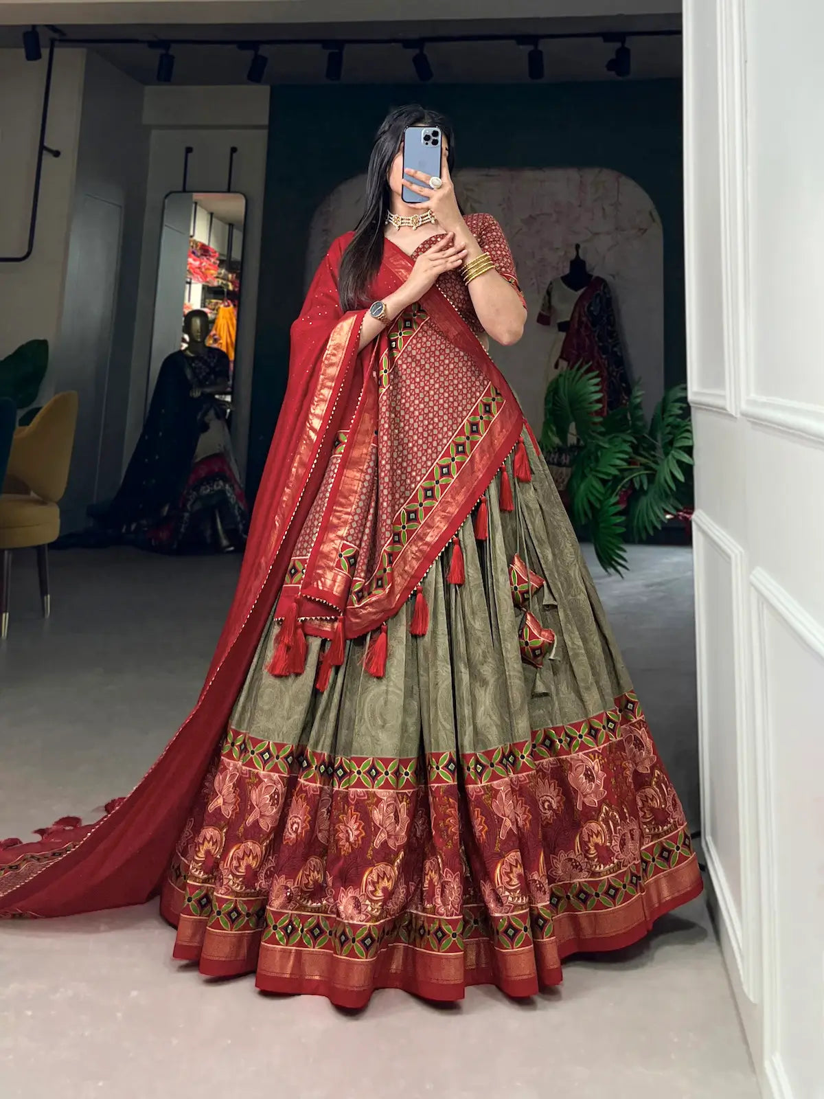 Olive Green Tussar Silk Floral Printed Lehenga Choli