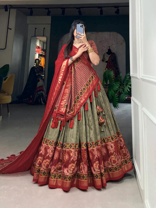 Olive Green Tussar Silk Floral Printed Lehenga Choli