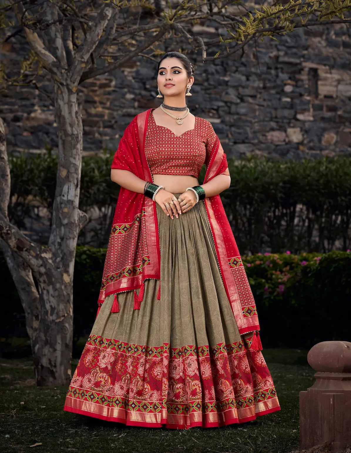 Olive Green Tussar Silk Floral Printed Lehenga Choli