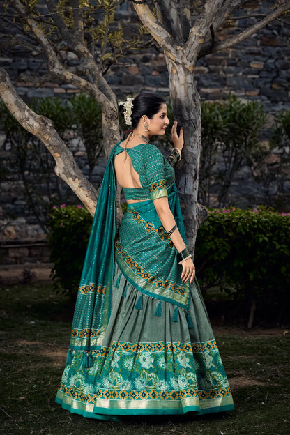 Sea Green Tussar Silk Floral Printed Lehenga Choli