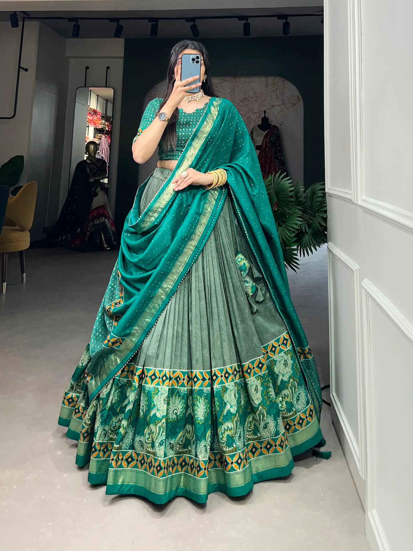 Sea Green Tussar Silk Floral Printed Lehenga Choli