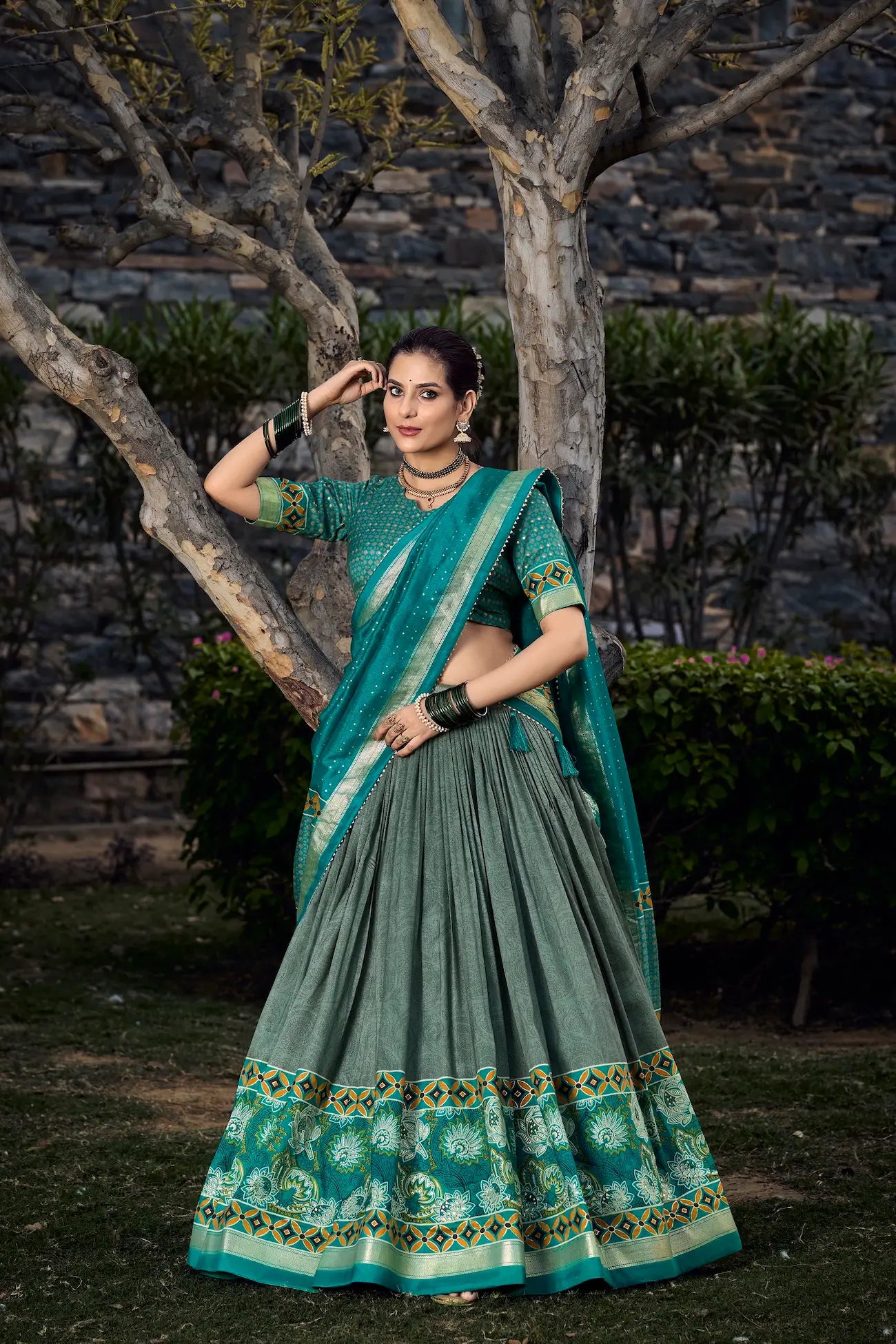 Sea Green Tussar Silk Floral Printed Lehenga Choli