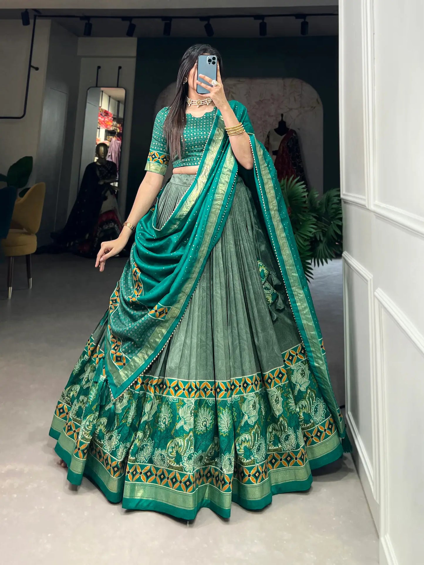 Sea Green Tussar Silk Floral Printed Lehenga Choli
