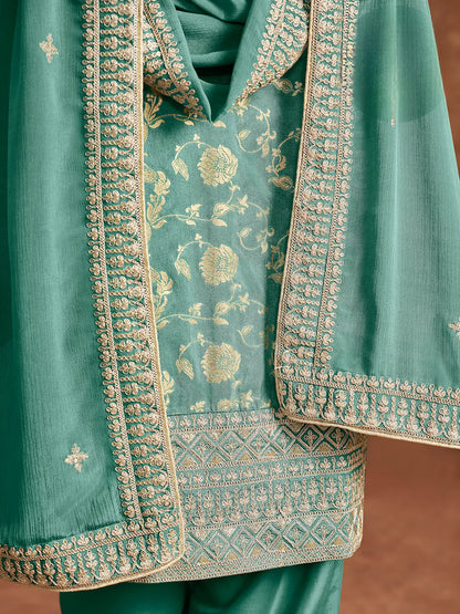 Sky Blue Dola Silk Palazzo Salwar Suit With Thread & Sequins Embroidery Work