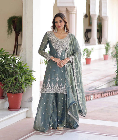 Mist Blue Fendi Silk Embroidery Work Sharara Suit
