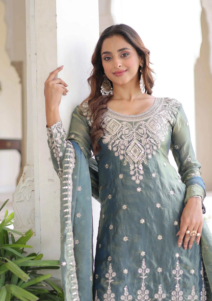 Mist Blue Fendi Silk Embroidery Work Sharara Suit