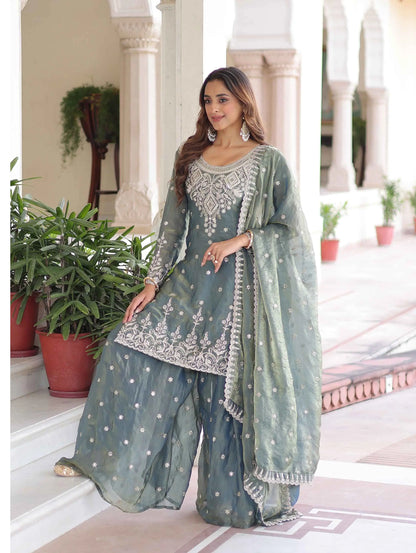 Mist Blue Fendi Silk Embroidery Work Sharara Suit