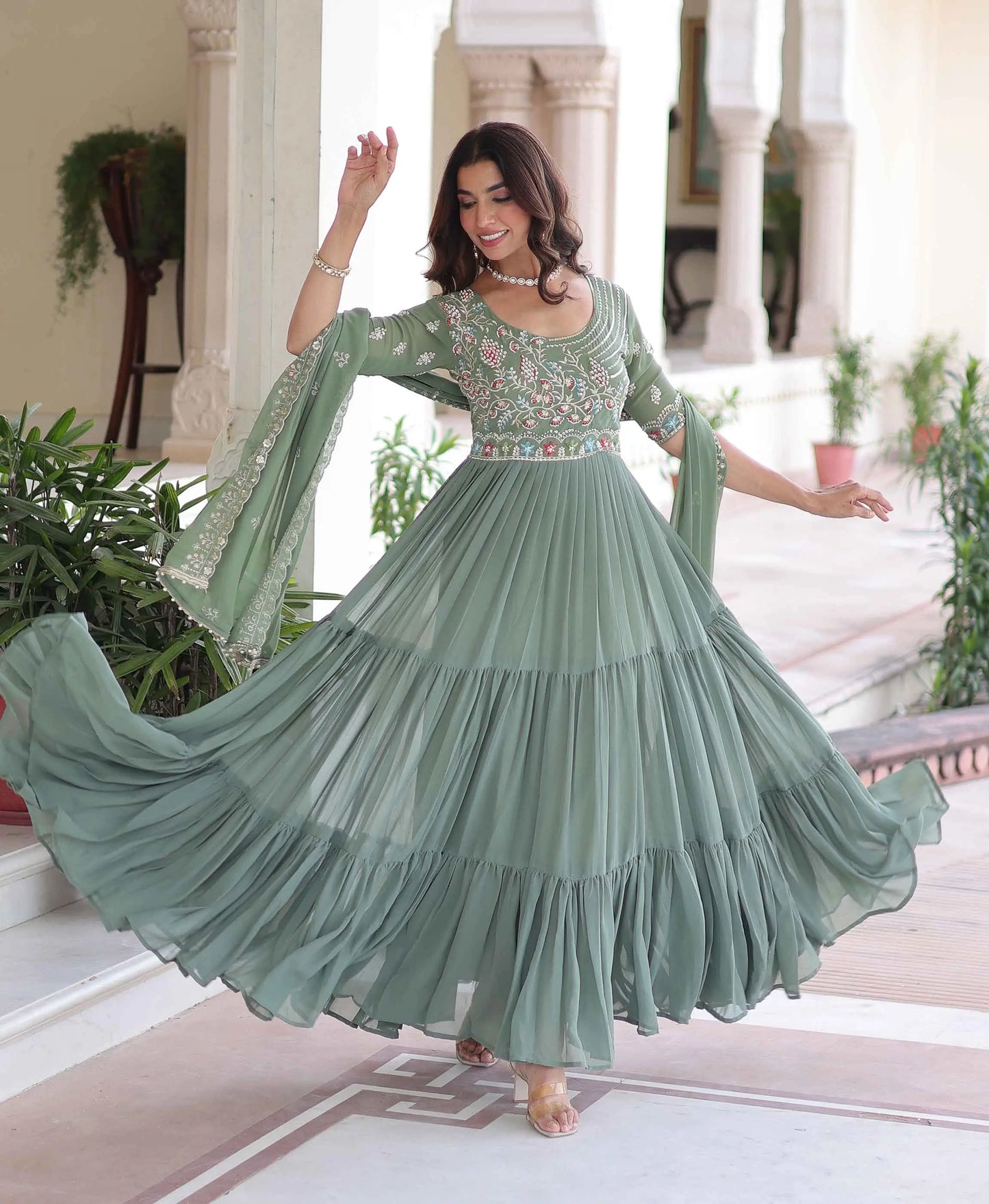 Sage Green Beads Embroidery Work Gown