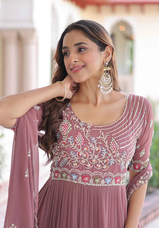 Dark Mauve Beads Embroidery Work Gown