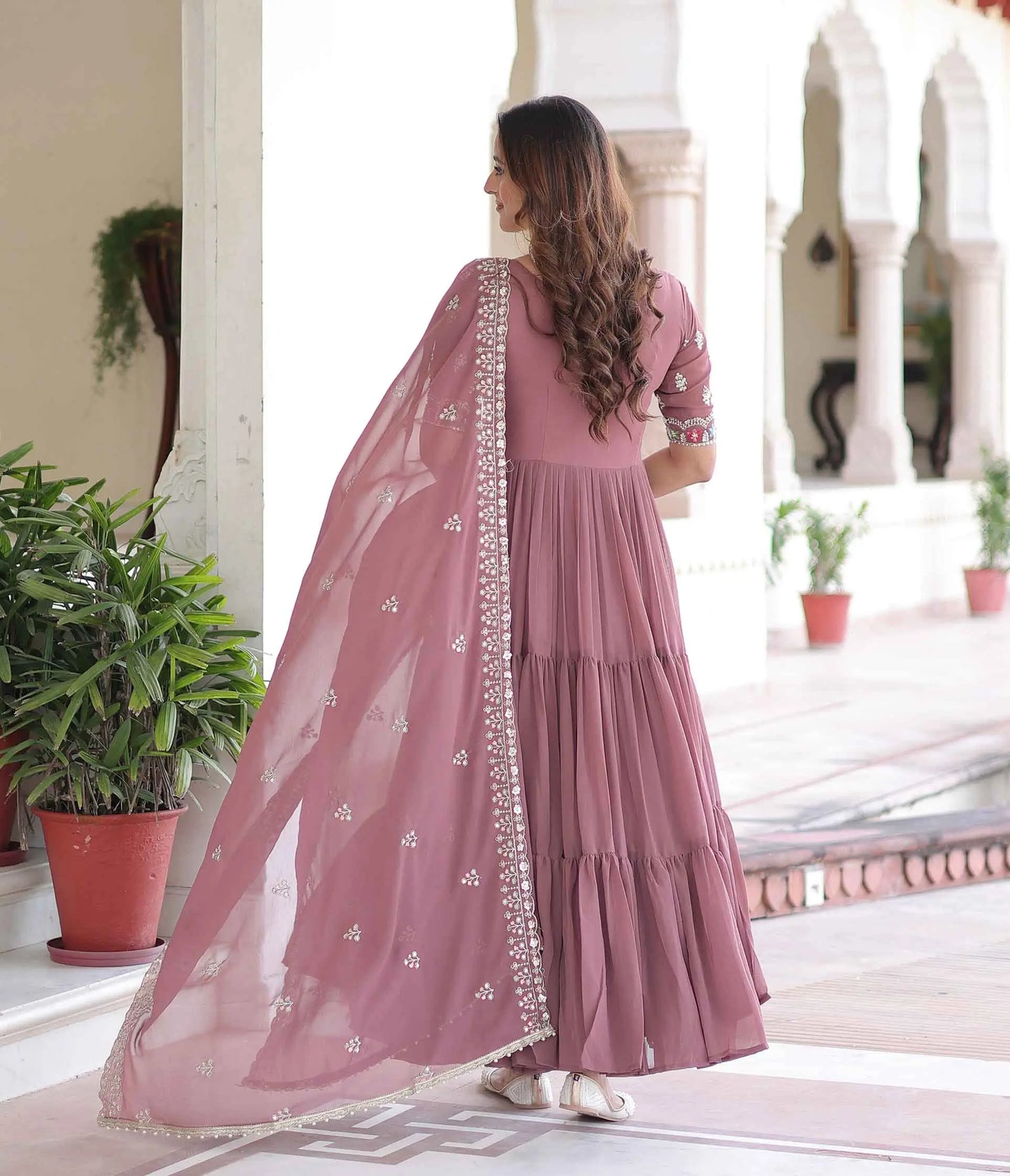 Dark Mauve Beads Embroidery Work Gown