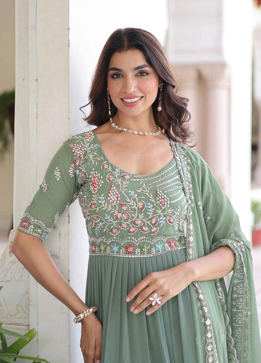 Sage Green Beads Embroidery Work Gown