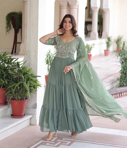 Sage Green Beads Embroidery Work Gown