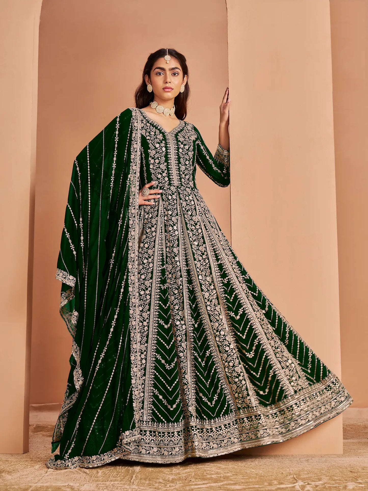 Green Georgette Gown With Sequence & Thread Embroidery Work