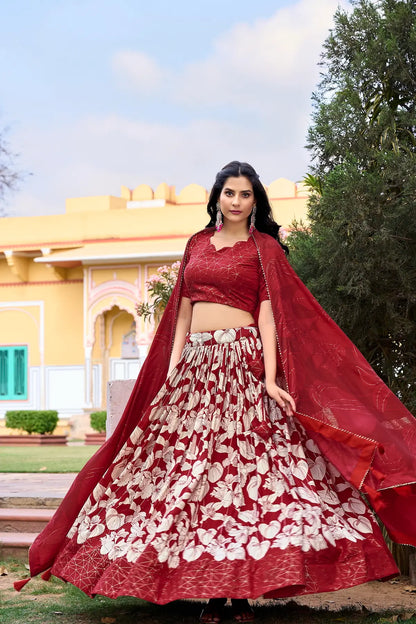 Red Tussar Silk Floral Printed Lehenga Choli