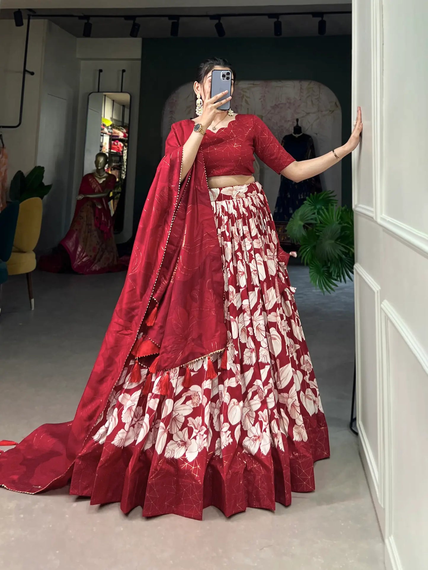 Red Tussar Silk Floral Printed Lehenga Choli
